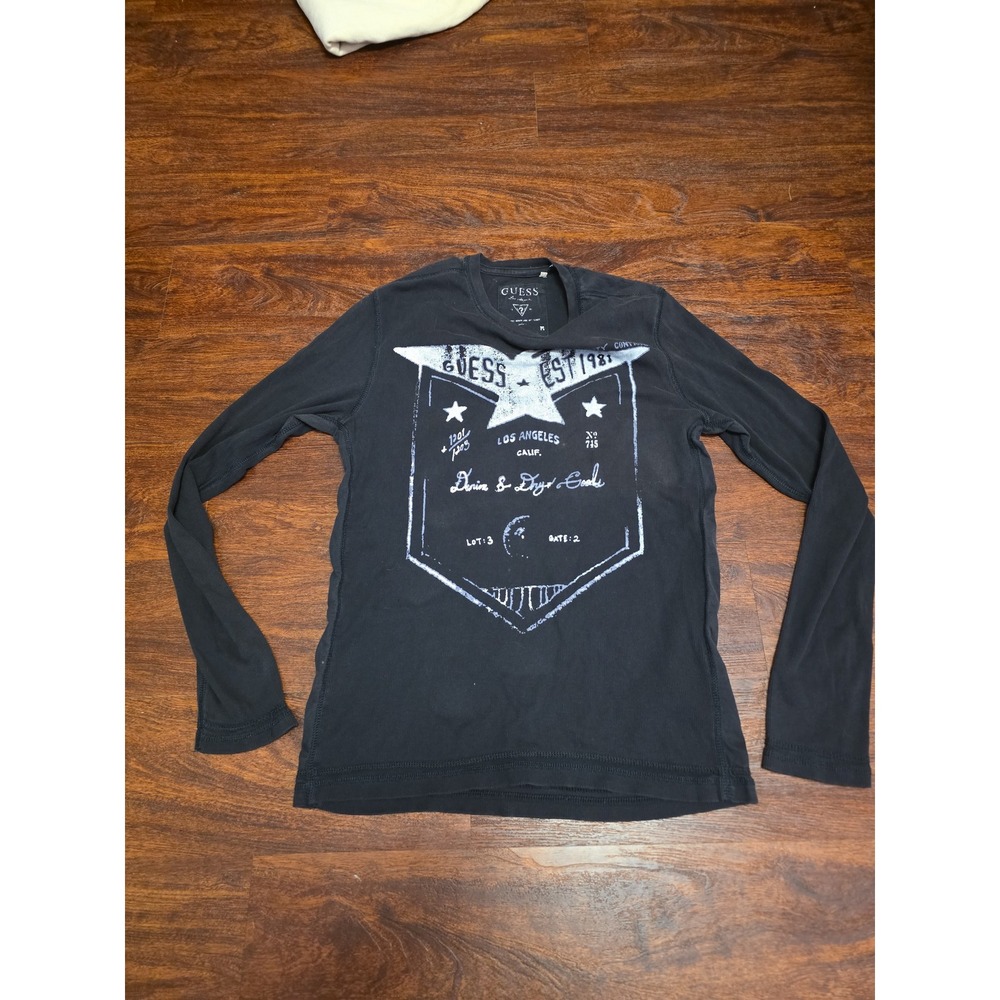 Guess Black Thermal Shirt M Distressed Eagle Graphic Y2K Grunge Long Sleeve
